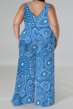 Red Casual Floral Print Contrast V Neck Plus Size Jumpsuits(With a turban)