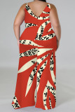 Red Casual Floral Print Contrast V Neck Plus Size Jumpsuits(With a turban)