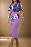 Purple Celebrities Print Patchwork V Neck Wrapped Skirt Dresses