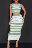 Pink Casual Stripe Patchwork O Neck Sleeveless Two Pieces