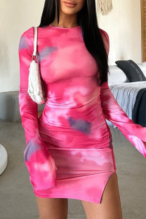 Rose Red Sexy Print Patchwork Slit O Neck Wrapped Skirt Dresses