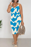 Navy Blue Sexy Geometric Print Contrast V Neck Printed Dresses