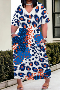 White Blue Casual Flowers Print Pocket Contrast V Neck Printed Plus Size Dresses