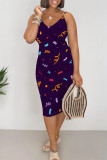 Navy Blue Sexy Geometric Print Contrast V Neck Printed Dresses