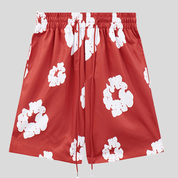 Red Casual Print Draw String Patchwork Loose Mid Waist Straight Full Print Shorts
