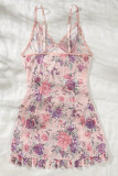 Pink Sexy Print Patchwork Backless Lingerie