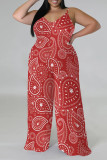 Red Casual Floral Print Contrast V Neck Plus Size Jumpsuits(With a turban)