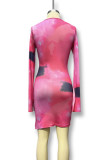 Rose Red Sexy Print Patchwork Slit O Neck Wrapped Skirt Dresses