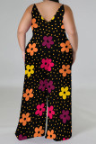 Red Casual Floral Print Contrast V Neck Plus Size Jumpsuits(With a turban)