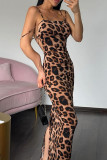 Leopard Print Sexy Leopard Print Patchwork Backless High Slit Spaghetti Strap Sling Dresses