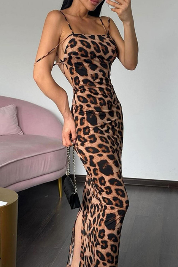Leopard Print Sexy Leopard Print Patchwork Backless High Slit Spaghetti Strap Sling Dresses