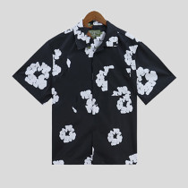 Black Casual Print Buckle Patchwork Shirt Collar Tops