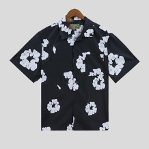 Black Casual Print Buckle Patchwork Shirt Collar Tops