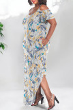 Black Brown Sexy Floral Print Polka Dot Pocket Slit U Neck Printed Plus Size Dresses