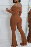 Red Casual Solid Color Buckle Patchwork Backless Off Shoulder Long Sleeve Two Pieces
