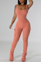 Tangerine Red Casual Solid Color Pocket Patchwork U Neck Sleeveless Two Pieces