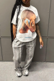 White Casual Street Figure Print O Neck T-Shirts