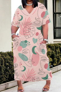 Pink Casual Flowers Print Pocket Contrast V Neck Printed Plus Size Dresses