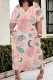 Pink Casual Flowers Print Pocket Contrast V Neck Printed Plus Size Dresses
