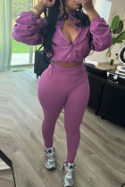 Purple Casual Solid Color Draw String Patchwork Zipper Zipper Collar Long Sleeve Two Pieces