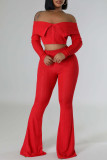 Red Casual Solid Color Buckle Patchwork Backless Off Shoulder Long Sleeve Two Pieces