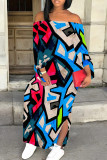 Blue Casual Geometric Print Patchwork Backless Slit Off Shoulder Long Dresses
