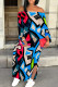 Blue Casual Geometric Print Patchwork Backless Slit Off Shoulder Long Dresses