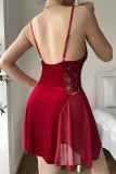 Burgundy Sexy Solid Color Lace Patchwork Backless Lingerie