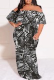 Deep Blue Casual Print Patchwork Off Shoulder Long Plus Size Dresses