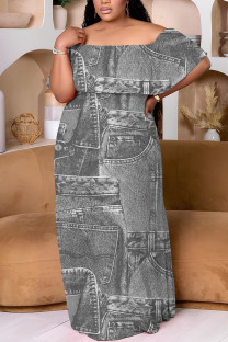 Dark Gray Casual Print Patchwork Off Shoulder Long Plus Size Dresses