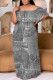 Dark Gray Casual Print Patchwork Off Shoulder Long Plus Size Dresses