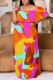 Rose Red Casual Print Patchwork Off Shoulder Long Plus Size Dresses