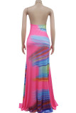 Rose Red Elegant Print Hollow Out Patchwork Backless High Slit Halter Long Dresses