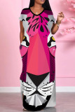 Pink Elegant Animal Print Pocket Patchwork V Neck Long Dresses