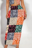 Orange Black Casual Colorblock Geometric Print Contrast Regular High Waist Full Print Bottoms