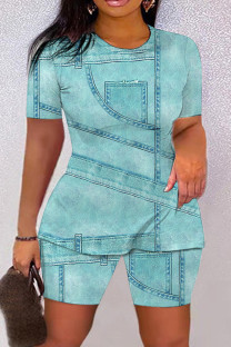 Lake Blue Casual Print Basic O Neck Short Sleeve Two Pieces