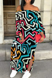 Blue Casual Geometric Print Patchwork Backless Slit Off Shoulder Long Dresses