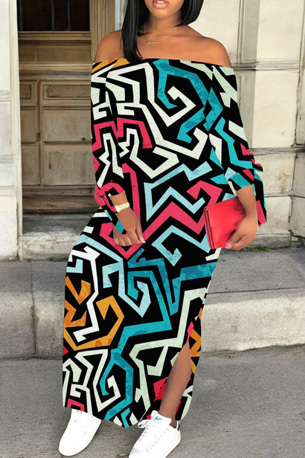 Blue White Casual Geometric Print Patchwork Backless Slit Off Shoulder Long Dresses