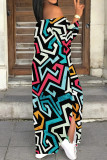 Blue Casual Geometric Print Patchwork Backless Slit Off Shoulder Long Dresses