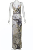 Brown Sexy Print Patchwork High Slit Ruched V Neck Long Dresses