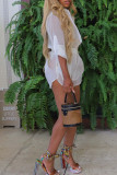 White Sexy Solid Color Pocket Buckle Patchwork Slit Shirt Collar Long Sleeve Two Pieces