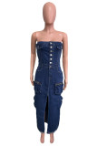 Deep Blue Sexy Casual Solid Color Pocket Backless Slit Strapless Sleeveless Bodycon Denim Dresses
