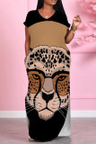 Pink Elegant Animal Print Pocket Patchwork V Neck Long Dresses