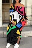 Blue Casual Geometric Print Patchwork Backless Slit Off Shoulder Long Dresses