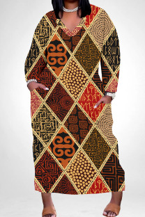 Red Yellow Casual Print Pocket Patchwork V Neck Straight Plus Size Dresses
