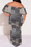 Deep Blue Casual Print Patchwork Off Shoulder Long Plus Size Dresses