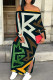 Green Brown Casual Geometric Print Patchwork Backless Slit Off Shoulder Long Dresses