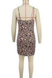 Leopard Print Sexy Leopard Print Patchwork Backless Slit Spaghetti Strap Sling Dresses