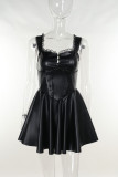 Black Sexy Solid Color Lace Patchwork Backless Strap Design Zipper Asymmetrical Collar A Line Dresses