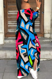 Blue Casual Geometric Print Patchwork Backless Slit Off Shoulder Long Dresses